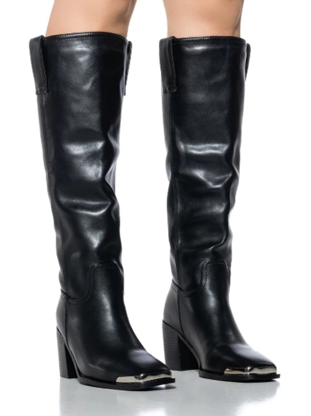 Over-the-Knee Black Block Heel Boots with Metal Toe Detail